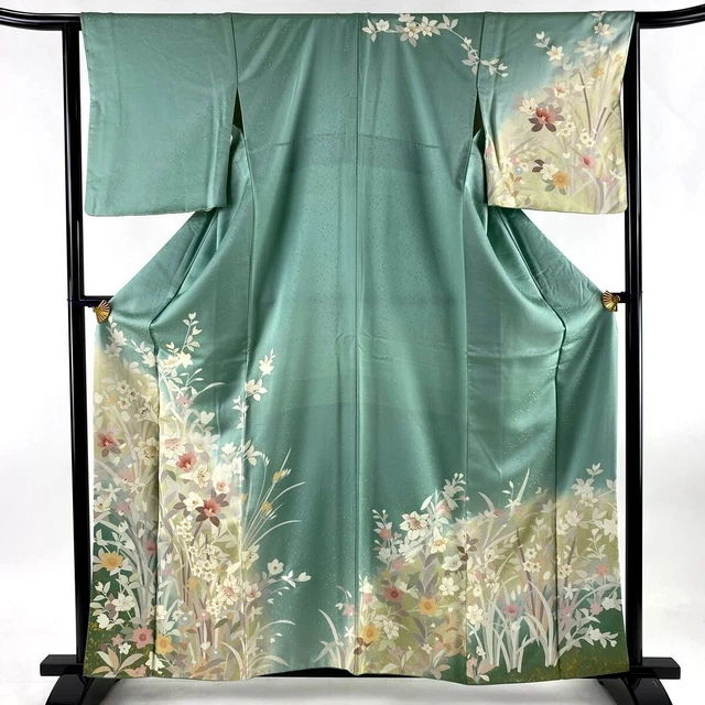 Japanese kimono  "HOUMONGI", Gold leaf, Plants, Dyed two colors,L5' 3"..3296