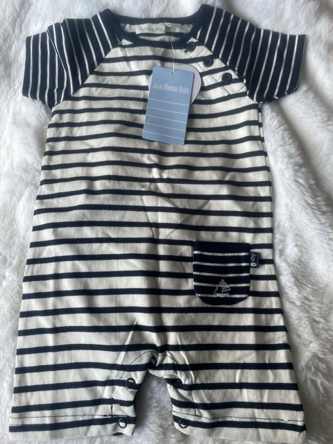 JoJo Maman Bebe Baby Boy's Ecru Navy Breton Stripe Romper Suit 6-12 Months BNWT