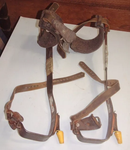 VINTAGE BD 16 DC LINEMAN POLE CLIMBERS W/LEATHER STRAPS & SPIKES, 21inches