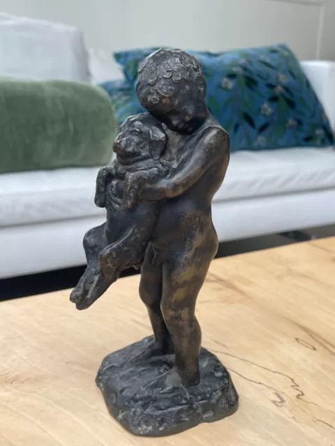 Ancienne statue en bronze enfant et son chiot chien fin XIX siècle