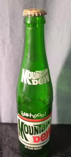 Vintage Mountain Dew Mt Dew Ya-hooo!  Green Glass Soda Pop Bottle 10oz w/ cap