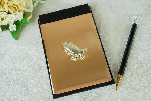 Vintage Flip-Up Metal Notepad Holder, Praying Hands, Pad & Pencil, Stik, USA