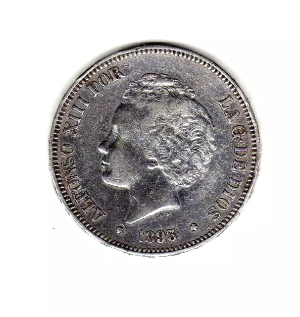 Alfonso XIII :  5 Pesetas 1893 (18-93) PGV ( plata ) ESCASA