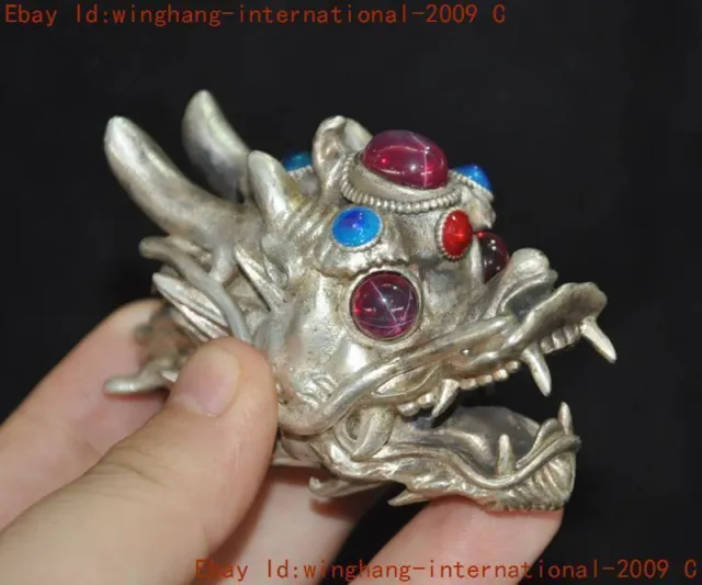 old China Tibetan silver inlay gem dragon head exorcism Amulet periapt pendant