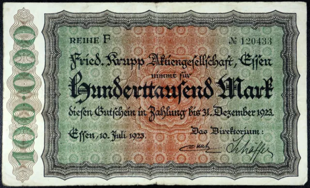 ESSEN 1923 "Friedrich Krupp" 100,000 Mark Inflation Notgeld Banknote Germany