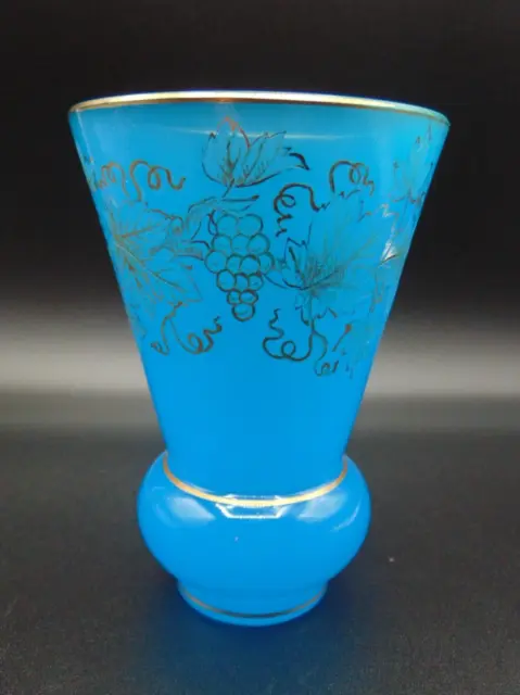 Biedermeier Blue Opaline Hand Painted Grape Vine Art Glass Wine Beaker Cup