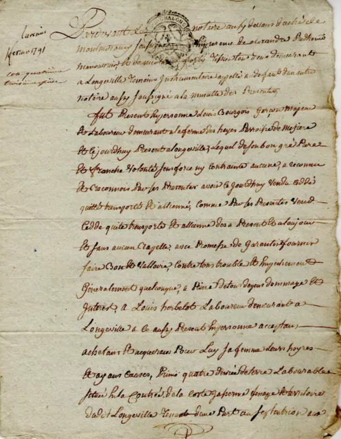 1791 Aube Acto Notarial D'Herbelot Burgués Longeville-Sur-Mogne Sello Chalons