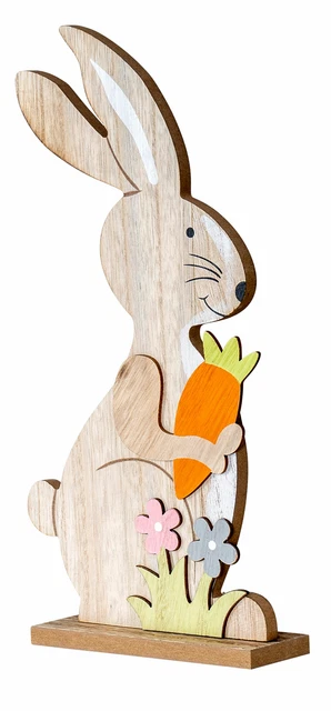 Rialzo Lepre H30cm Legno Natura Carota Pasqua Oster-Deko Tischdeko Figura