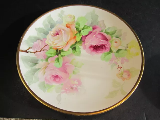 VTG Limoges France Large Pink & Yellow Rose Decorated Artist Signed Plate