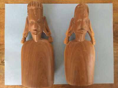 Pair of Vintage Hand Carved 8” Wooden Sculptures African Art Statues Figures