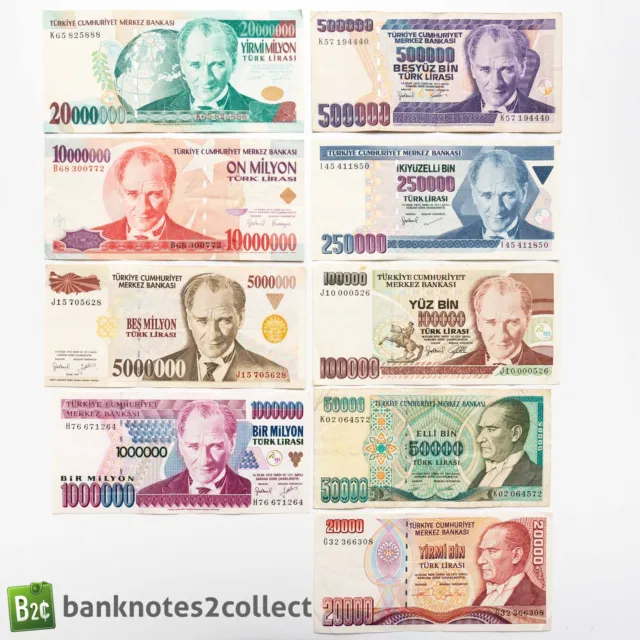 TURKEY: Set of 9 Turkish Lira Banknotes.