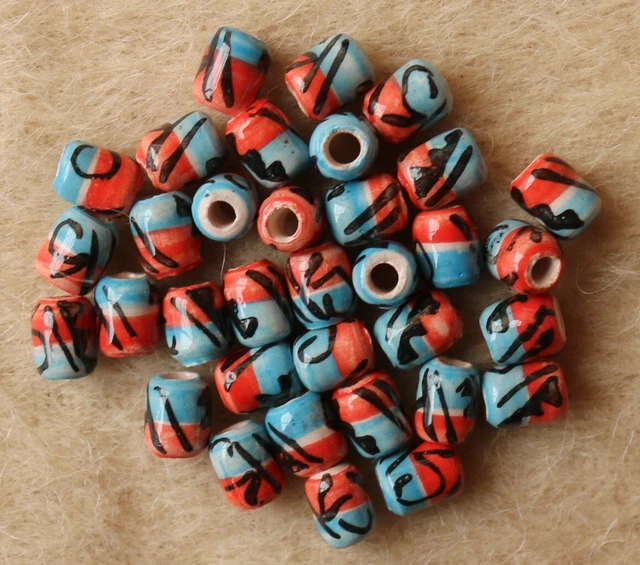 25 handbemalte Peru Keramik Perlen, 6 mm Walze Zylinder blau rot Perle Basteln
