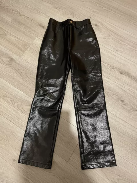 Topshop Ladies Black Shiney high shine PVC Plastic trousers pants Size 8 L28