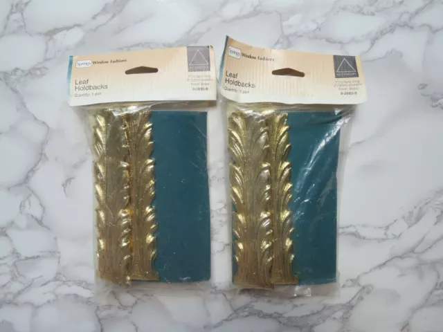 Gold Curtain Tiebacks 2 Pairs NOS Springs Brass Finish Leaf Holdbacks Vintage