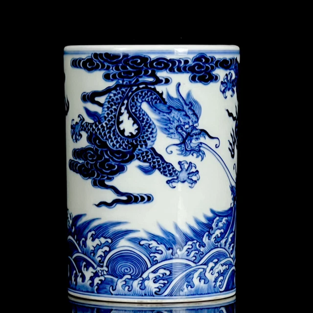 Chinese Blue&white Porcelain Handmade Exquisite Dragon Pattern Brush Pot 12380