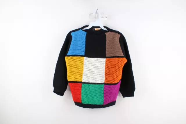 Vtg 50s 60s Mid Century Modern MCM Womens S Rainbow Checkered Knit Sweater USA