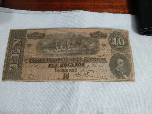 1864 $10 Ten Dollar CSA Confederate States America Richmond Civil War Note