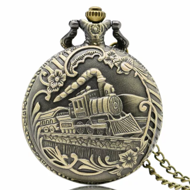 Bronze Pocket Watch Steam Train Design Necklace Chain for Men Women Xmas Gifts