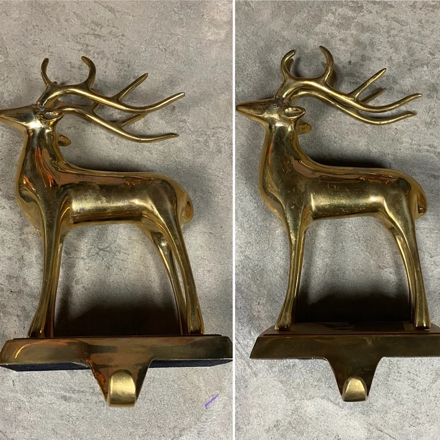 2 Pottery Barn Reindeer Stag Christmas Stocking PAIR Holder Hanger Bronze Heavy 2 Pottery Barn Reindeer Stag Christmas Stocking PAIR Holder Hanger Bronze Heavy