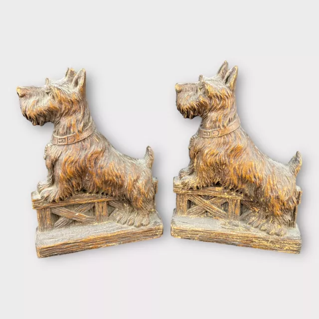 Pair of Vintage Orna Wood Carved Scottish Terrier Dog Bookends