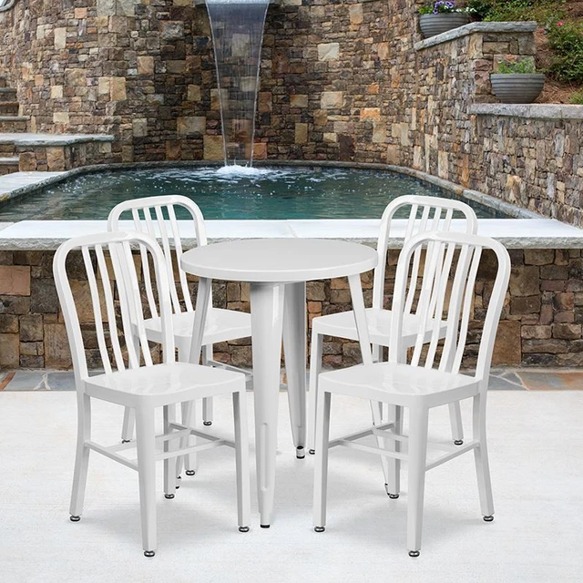 Commercial Grade 24" Round White Metal Indoor/Outdoor Table Set w/4 Vertical Sla