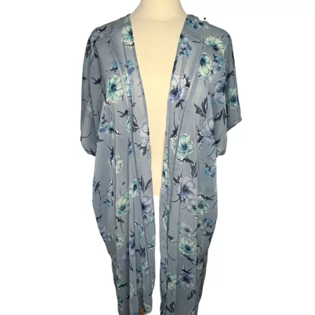 Band of Gypsies Floral Kimono Duster Womens Size M/L Sheer Boho Cover Top Blue