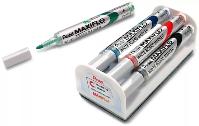 Pentel Whiteboard Marker Set MAXIFLO MWL5S mit Schwamm Inhalt: 4 Marker + Halter