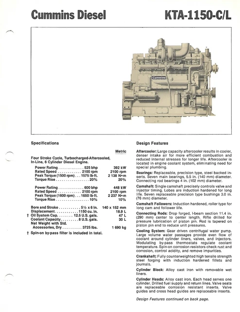 ENGINE DATA SHEET - Cummins - KTA-1150-C/L Diesel - Brochure - 2 items ...