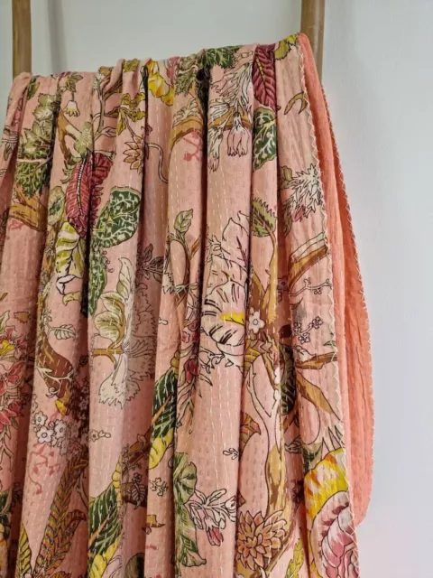 Indien Pêche Floral Reine Taille Kantha Coton Matelassé Couverture Vintage Lit