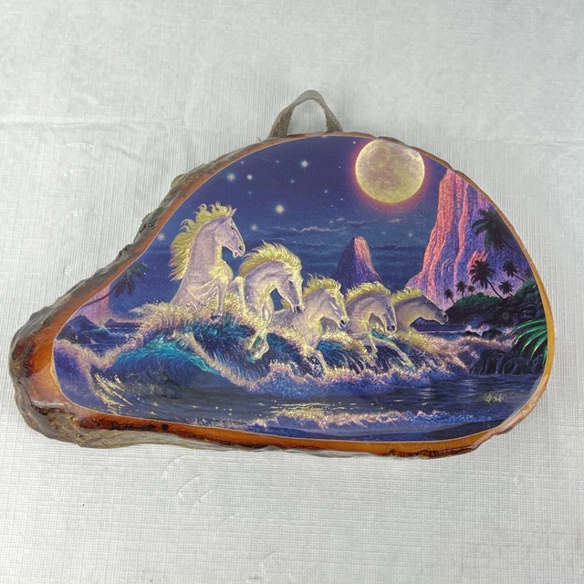 Wall Art Wooden Slice Metallic Print 5 White Stallions Moon Ocean Waves