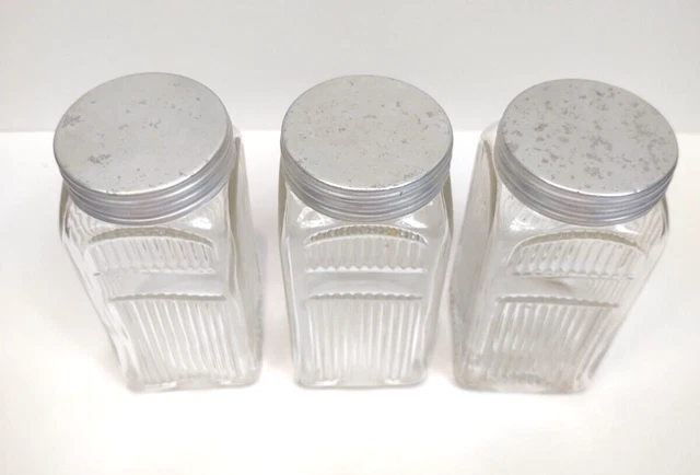 3 Vintage Hoosier Square Spice Glass Jar 4 1/4" Ribbed Pattern Napanee Set 2