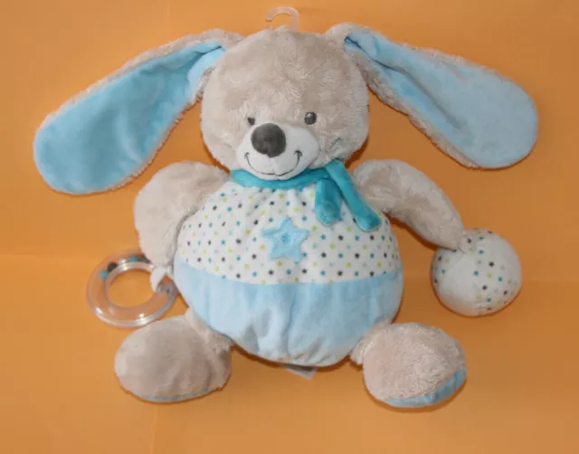 Mots D'enfants Doudou Peluche Lapin Boule Bleu Beige Etoile Anneau Boule Neuf