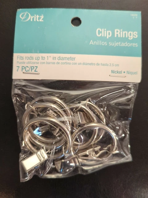 Nickel Clip Curtain Rings fits 1" rod Drapery pkg of 7 DRITZ NIP Polished Nickel