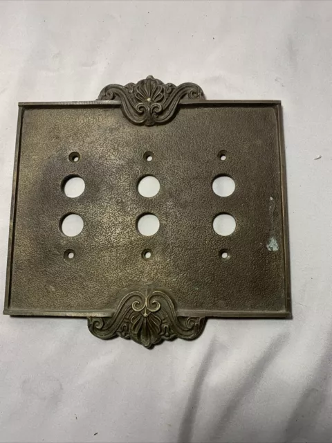 VINTAGE PUSH BUTTON CAST BRASS TRIPLE SWITCH PLATE Cover