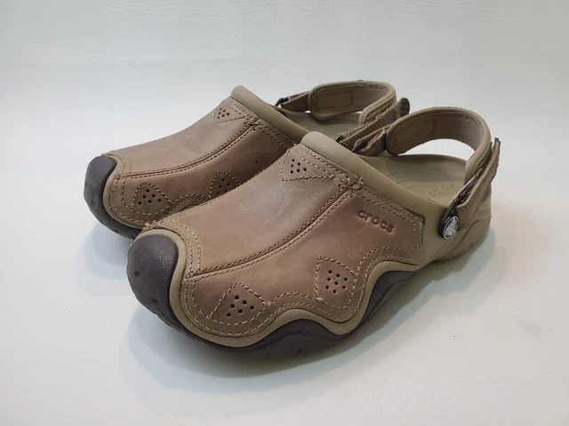 CROCS SWIFTWATER MENS Size 7 Brown Leather Slingback Slip On Clog
