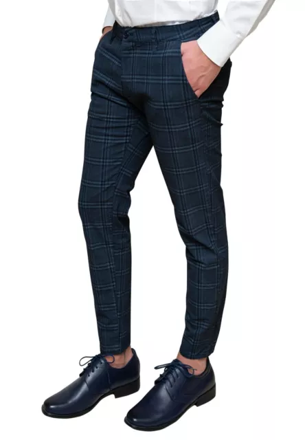 PANTALONI UOMO CAPRI blu scuro quadri eleganti casual slim fit Principe Galles EUR 59 00 PicClick IT