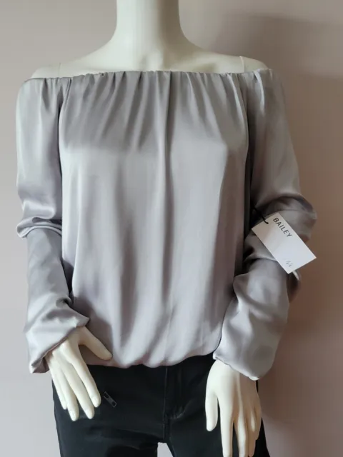 NWT Bailey 44 Womens Gray Satin Off the Shoulder Long Sleeve Blouse Top Size S