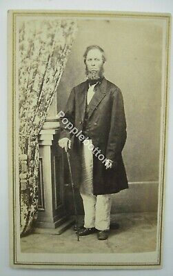 Civil War Era CDV Photo of Older Bearded Man Standing with Long Coat & Cane E3