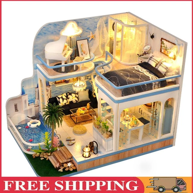 Wooden Miniature Dollhouse Kit with Dust Cover/Light/Accessories for Boys Girls