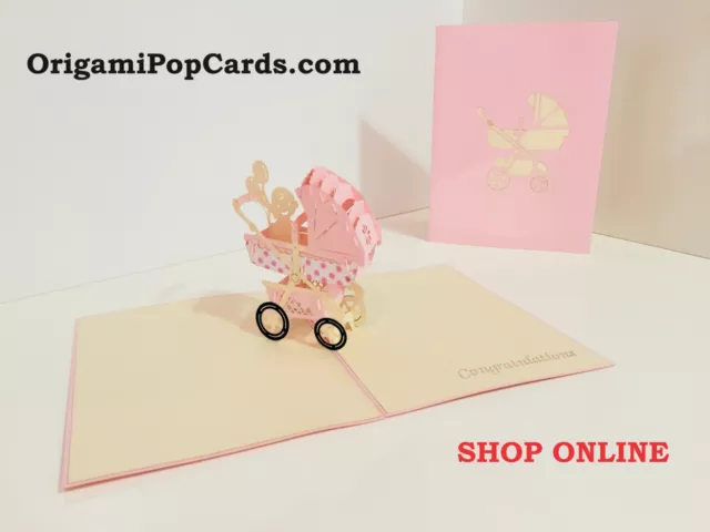 ORIGAMI POP CARDS Baby Carriage Pram in Pink 3D Happy Birthday Pop Up Card Love