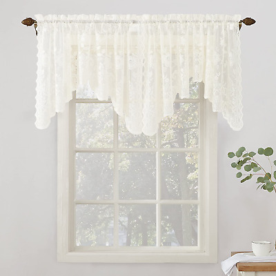 Alison Floral Lace Sheer Rod Pocket Curtain Valance, 58" x 32", Ivory