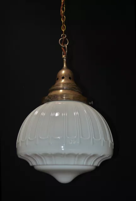 art deco industrial Opaline glass & chrome pendant schoolhouse light C-1920s