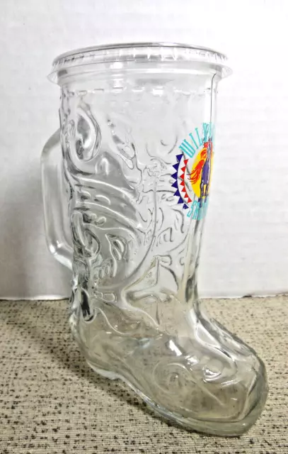 Wildhorse Vintage Saloon Glass Cowboy Boot Beer Mug Glass W/ Plastic Cap 6" tall