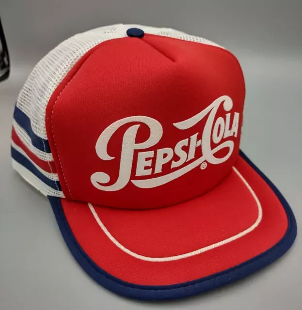 Vintage PEPSI-COLA 3 Stripe Snapback Trucker Hat Cap Red White Blue