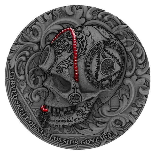 2018 Carved Skull II ST. Aloysius Gonzaga Bones 1oz Pure Silver Coin High Relief