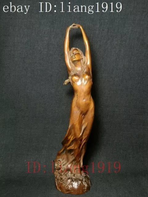 Japanese boxwood hand carved sexy girl Figure statue netsuke collectable H 9.0in