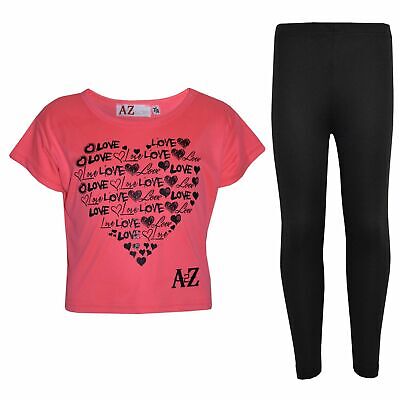 Bambine Stampa Love Moda Neon Rosa Top Corto & Moda Set Leggings 5-13 Anno