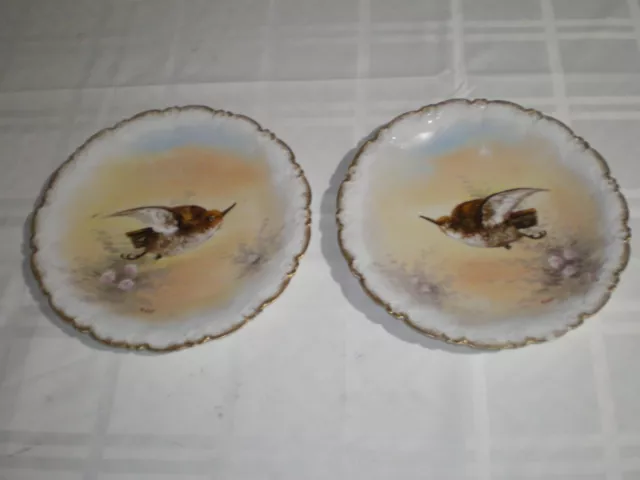 Lot set of 2 Limoges Coronet 9.5" Game Birds HUMMINGBIRDS Gold Edge Signed Rene