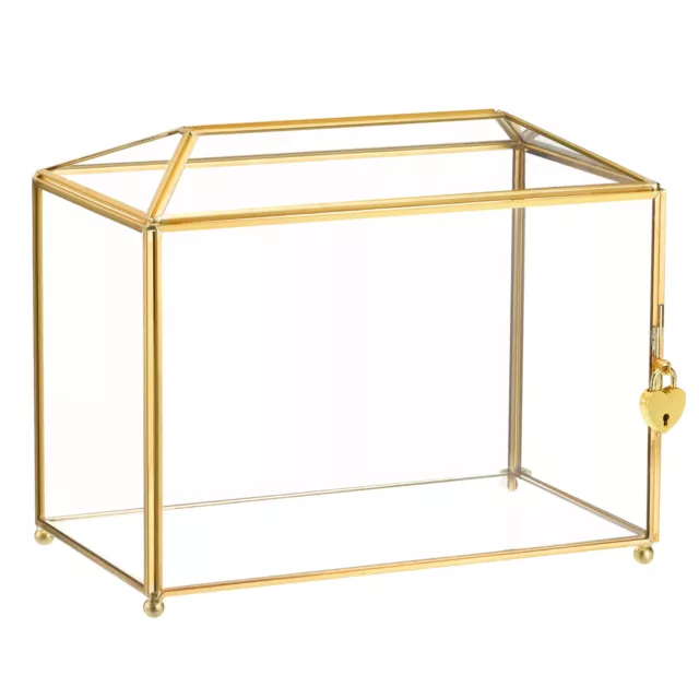 10" Glass Wedding Card Box with Lock, Clear Card Box for Reception Gold