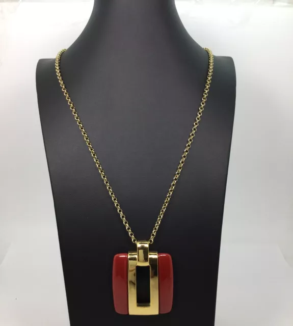 Marc By Marc Jacobs Red & Gold Square Pendant Long Chain Necklace